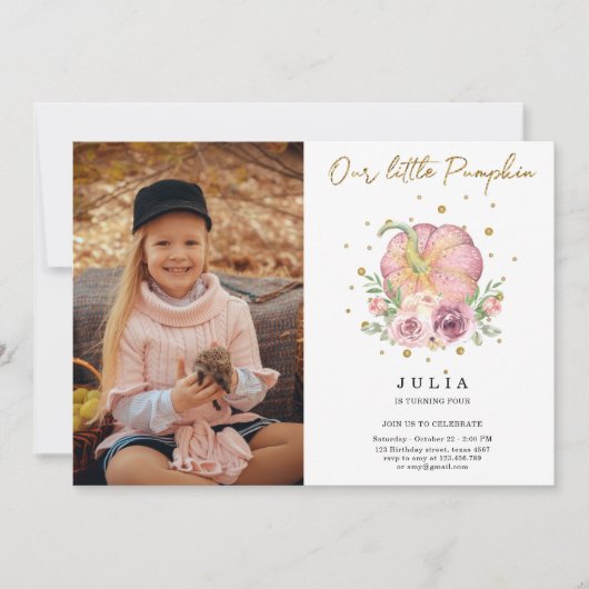 私たちの小さなカボチャ誕生日ピンクの写真招待状 招待状 (正面)