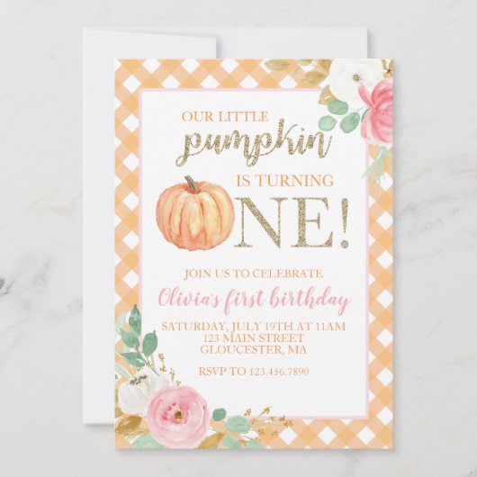 私たちの小さなカボチャ金ゴールドとフローラの最初の誕生日 招待状 (正面)