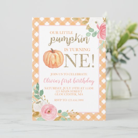 私たちの小さなカボチャ金ゴールドとフローラの最初の誕生日 招待状 (スタンド正面)