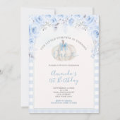 私たちの小さなカボチャ青いギンガムホワイト誕生日 招待状 (正面)