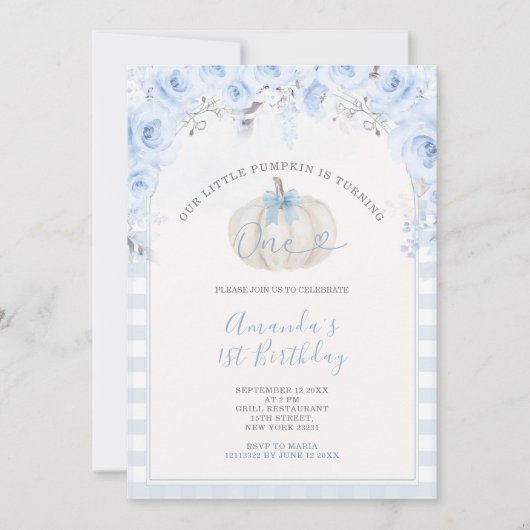 私たちの小さなカボチャ青いギンガムホワイト誕生日 招待状 (正面)