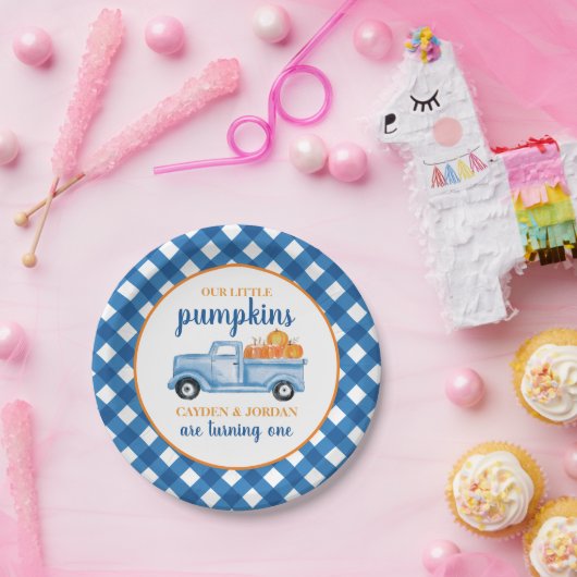 私たちの小さなカボチャ青いトラックの双子1歳の誕生日 ペーパープレート (パーティー)