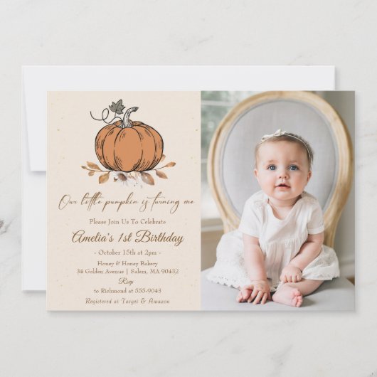 私たちの小さなカボチャ1st誕生日の写真 招待状 (正面)