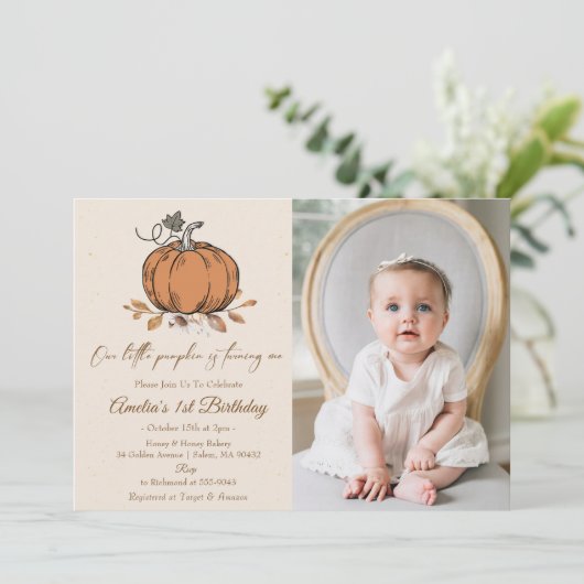 私たちの小さなカボチャ1st誕生日の写真 招待状 (スタンド正面)