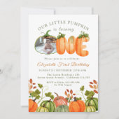 私たちの小さなカボチャ1st誕生日秋写真 招待状 (正面)