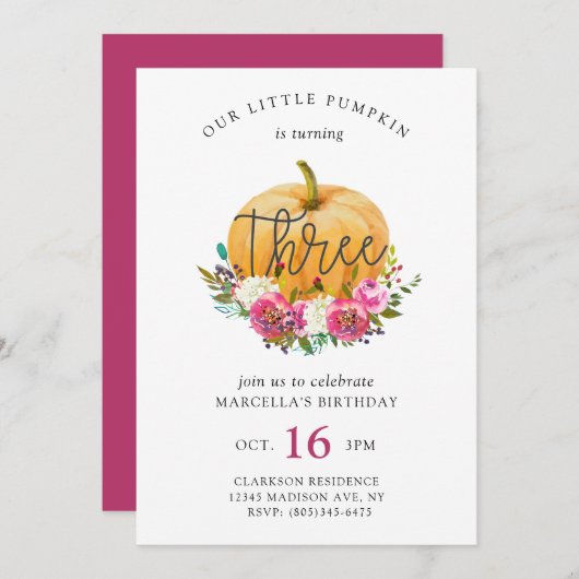 私たちの小さなカボチャ3歳の誕生日 招待状 (正面/裏面)