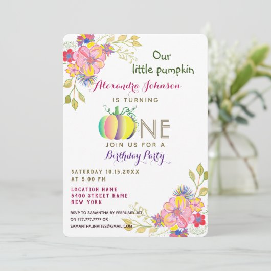 私たちの小さなカボチャ、1st誕生日ピンクフローラ秋 招待状 (スタンド正面)