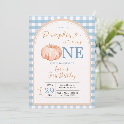 私たちの小さなカボッキンボホブルーギンガム1日の誕生日 招待状 (スタンド正面)