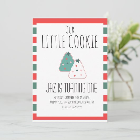 私たちの小さなクッキーのクリスマス最初の誕生日パーティー 招待状 (スタンド正面)