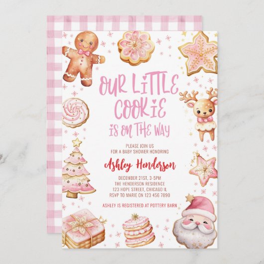 私たちの小さなクッキーピンクのクリスマスガール赤ちゃんシャワー 招待状 (正面/裏面)