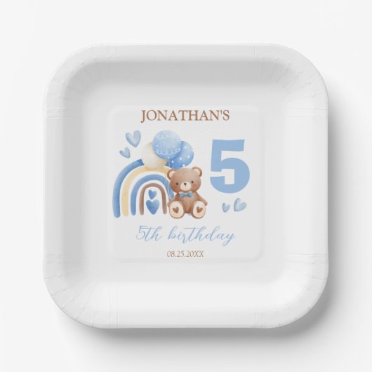 私たちの小さなクマかわいいレインボーバルーン誕生日 ペーパープレート (正面)