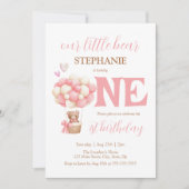 私たちの小さなクマのピンクのホットエアバルーン1日の誕生日 招待状 (正面)