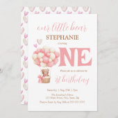 私たちの小さなクマのピンクのホットエアバルーン1日の誕生日 招待状 (正面/裏面)