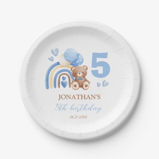 私たちの小さなクマのレインボーバルーン誕生日 ペーパープレート (正面)