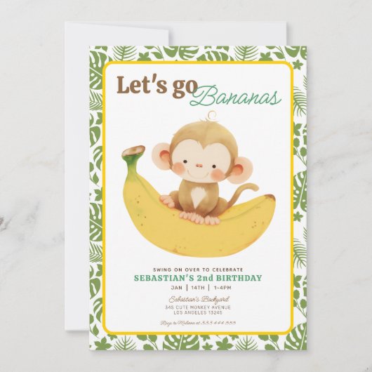 私たちの小さなサルの誕生日にバナナを食べよう 招待状 (正面)
