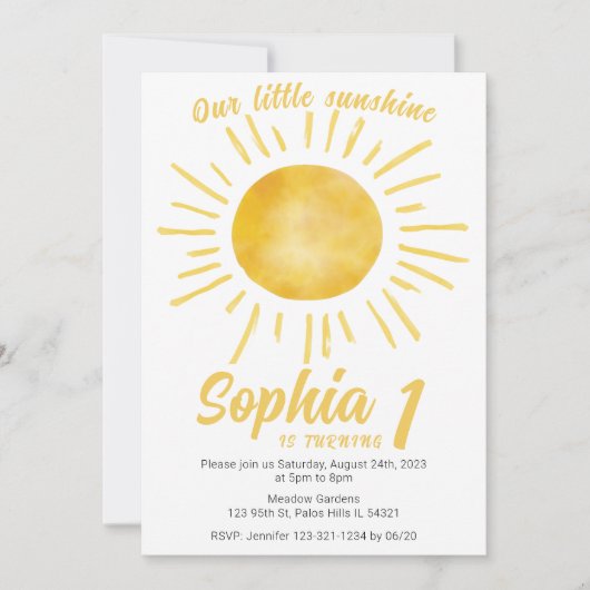 私たちの小さなサンシャインガール最初の誕生日招待状 招待状 (正面)