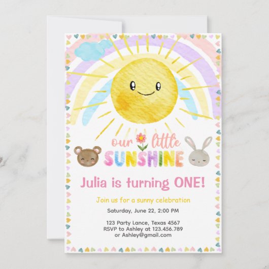 私たちの小さなサンシャインキュートなガールピンク最初の誕生日 招待状 (正面)