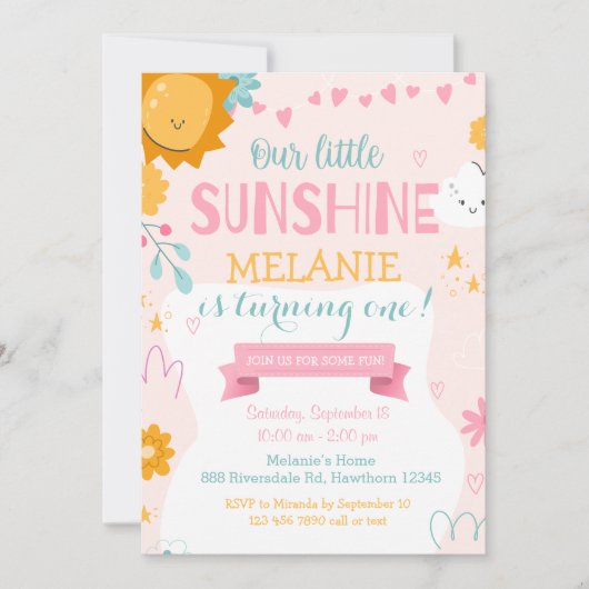 私たちの小さなサンシャインキュートピンクガールファースト誕生日 招待状 (正面)
