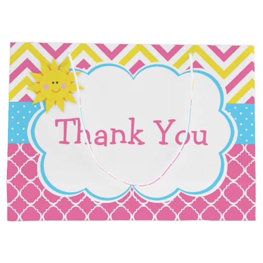 私たちの小さなサンシャインピンクと黄色の誕生日パーティー ラージペーパーバッグ (裏面)