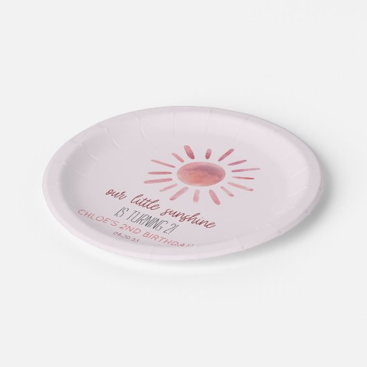 私たちの小さなサンシャインピンクの太陽の誕生日パーティー ペーパープレート (アングル)