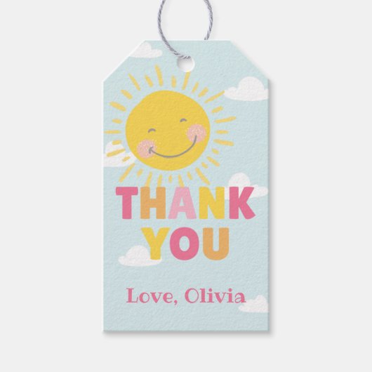 私たちの小さなサンシャインピンクの誕生日パーティー任意の年齢 ギフトタグ (正面)