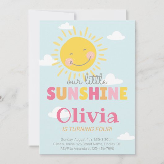 私たちの小さなサンシャインピンクの誕生日パーティー任意の年齢 招待状 (正面)