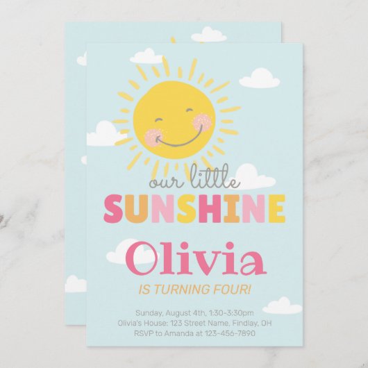 私たちの小さなサンシャインピンクの誕生日パーティー任意の年齢 招待状 (正面/裏面)