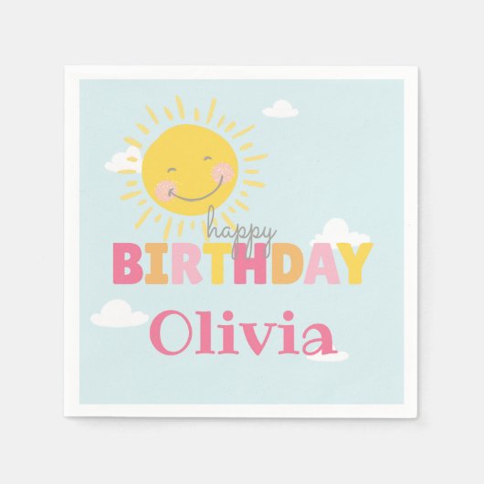 私たちの小さなサンシャインピンクハッピーバースデー任意の年齢 スタンダードカクテルナプキン (正面)