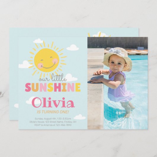 私たちの小さなサンシャインフォトピンク誕生日任意の年齢 招待状 (正面/裏面)