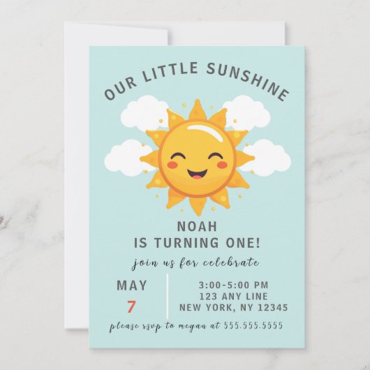 私たちの小さなサンシャインボーイの最初の誕生日パーティー 招待状 (正面)