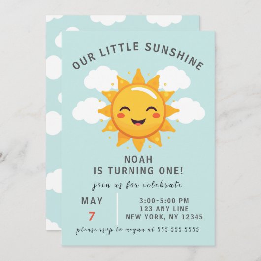 私たちの小さなサンシャインボーイの最初の誕生日パーティー 招待状 (正面/裏面)