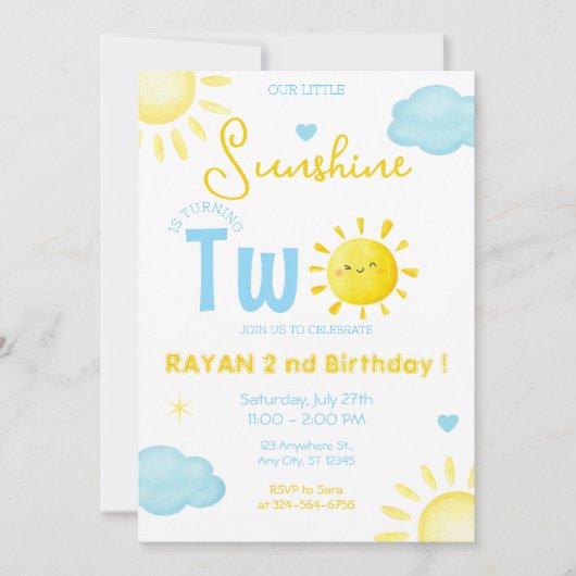 私たちの小さなサンシャインボーイブルー2nd誕生日パーティー 招待状 (正面)