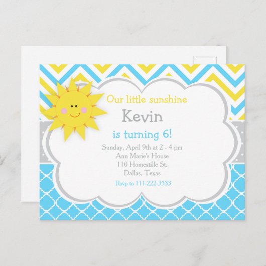 私たちの小さなサンシャイン ブルーとイエローの誕生日パーティー ポストカード (正面/裏面)