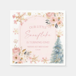 私たちの小さなスノーフレークのピンクの冬の誕生日パーティー スタンダードカクテルナプキン