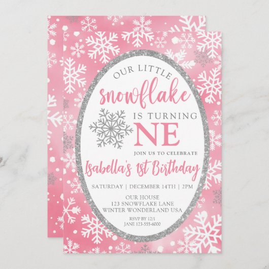 私たちの小さなスノーフレークのピンクの1歳の誕生日 招待状 (正面/裏面)