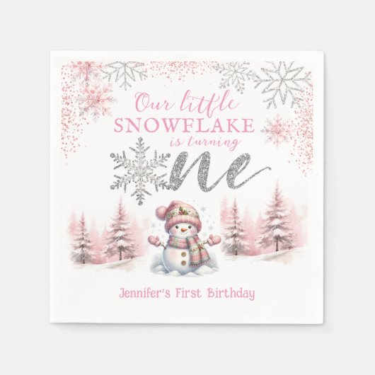 私たちの小さなスノーフレークの女の子ピンクシルバー1歳の誕生日 スタンダードカクテルナプキン (正面)
