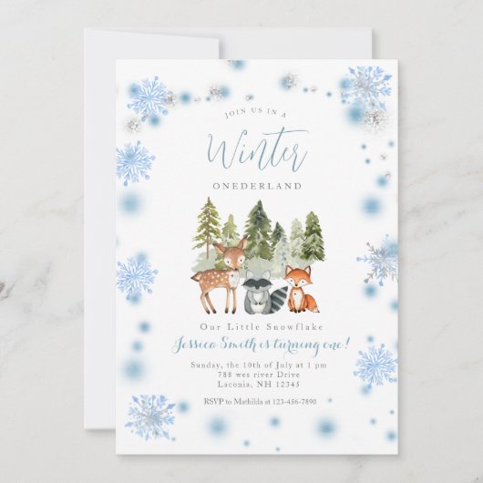 私たちの小さなスノーフレークスディアアニマル誕生日招待状 招待状 (正面)