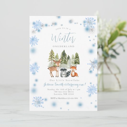 私たちの小さなスノーフレークスディアアニマル誕生日招待状 招待状 (スタンド正面)
