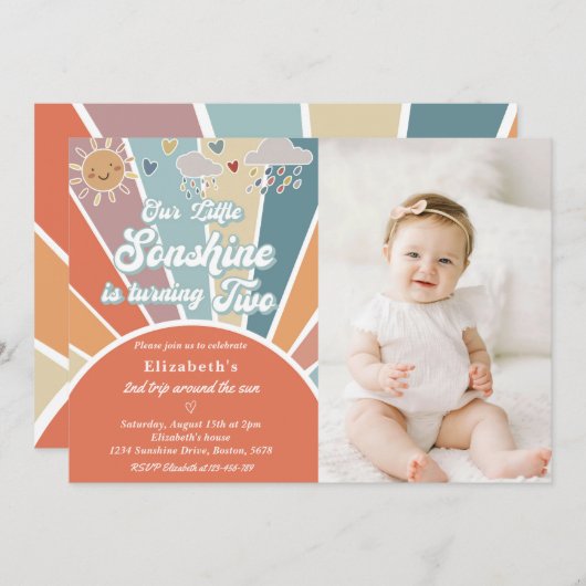 私たちの小さなソンシャインは一つの二歳の誕生日を迎える 招待状 (正面/裏面)