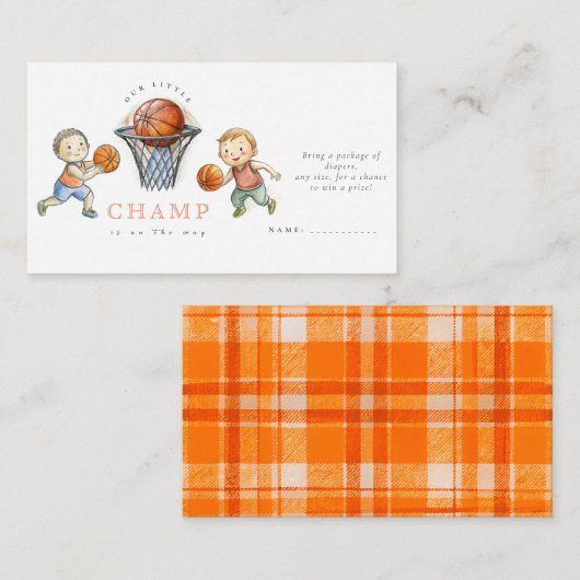 私たちの小さなチャンプバスケットバスケットボーイベビーシャワー エンクロージャーカード (正面/裏面)