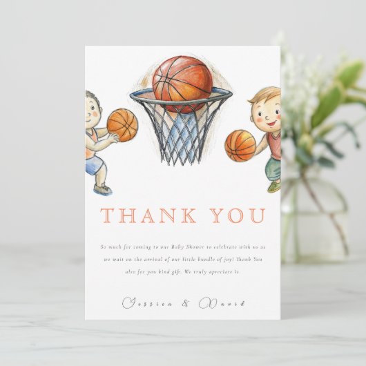 私たちの小さなチャンプバスケットバスケットボーイベビーシャワー サンキューカード (スタンド正面)