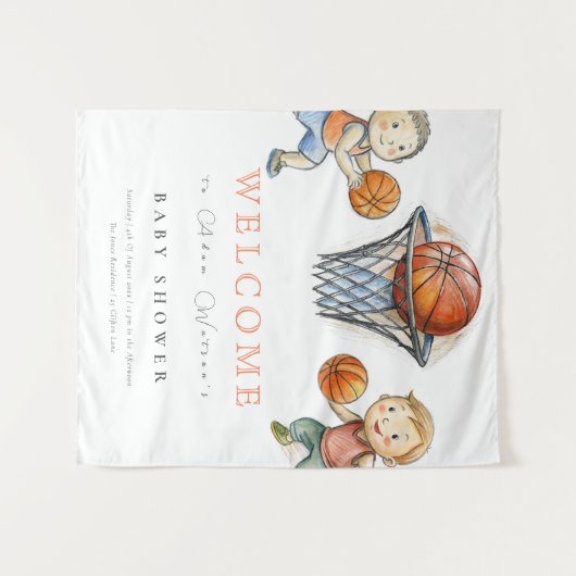私たちの小さなチャンプバスケットバスケットボーイベビーシャワー タペストリー (正面(横))