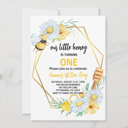 私たちの小さなハチミツが一つの蜂の最初の誕生日を回している 招待状 (正面)