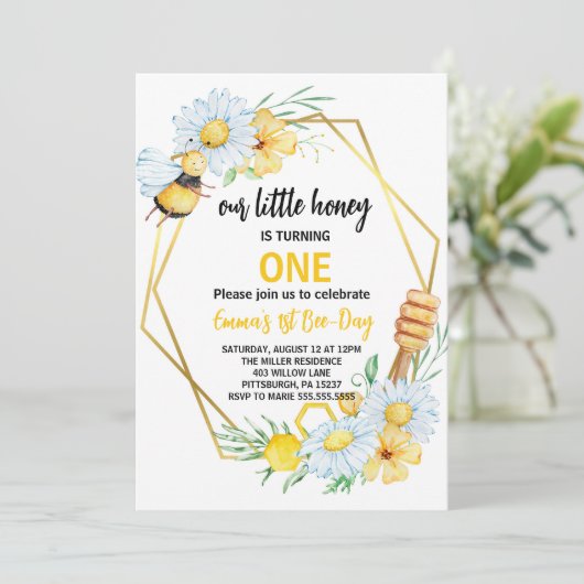 私たちの小さなハチミツが一つの蜂の最初の誕生日を回している 招待状 (スタンド正面)
