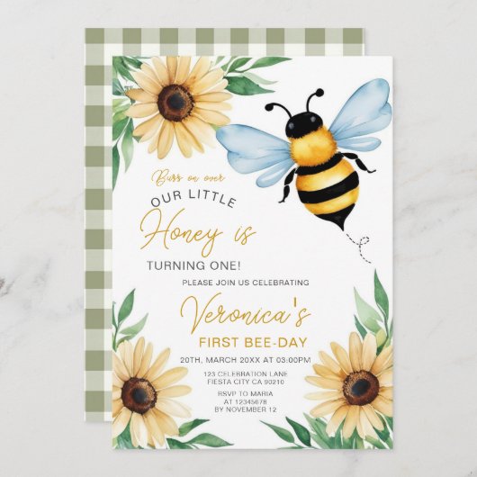私たちの小さなハチミツが蜂の誕生日パーティーを1回開く 招待状 (正面/裏面)