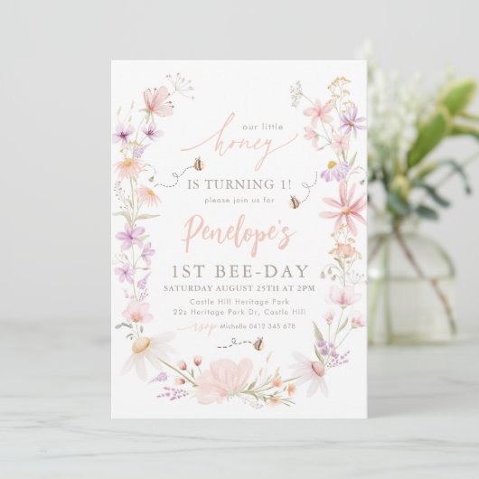 私たちの小さなハチミツバチガールズ1歳の誕生日 招待状 (スタンド正面)