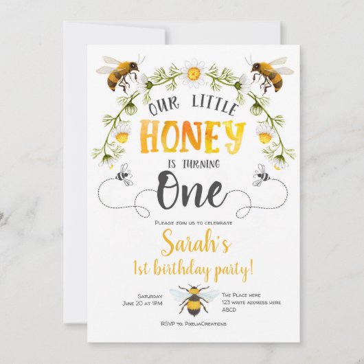 私たちの小さなハチミツ、ビーをテーマにした誕生日招待状 招待状 (正面)