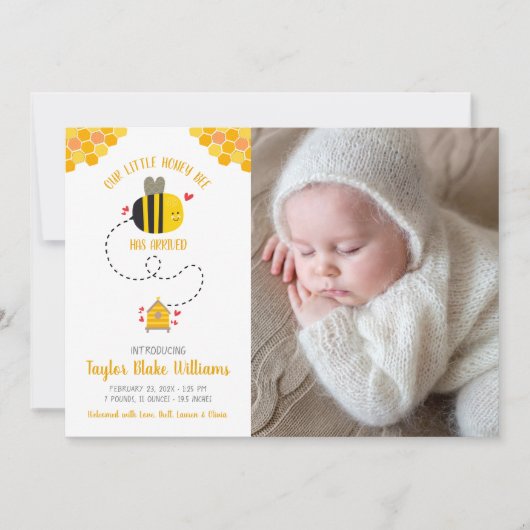 私たちの小さなハニービーかわいいかわいいベビー写真誕生 案内状 (正面)