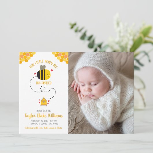 私たちの小さなハニービーかわいいかわいいベビー写真誕生 案内状 (スタンド正面)