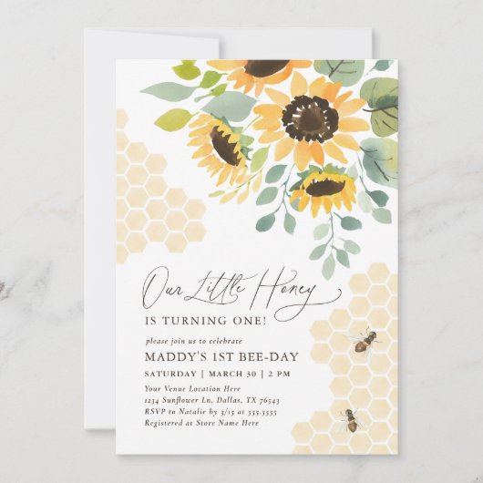 私たちの小さなハニービーひまわり花1日の誕生日 招待状 (正面)